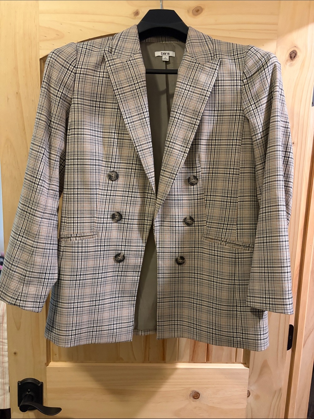 Bar III Plaid Double-Breasted Blazer in Beige and Black